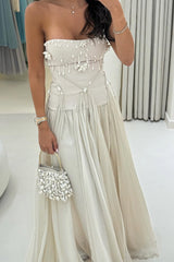 Silver/Light Pink Strapless Sweetheart A-Line Long Party Dress with Ruffles
