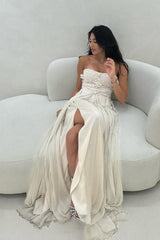 Silver/Light Pink Strapless Sweetheart A-Line Long Party Dress with Ruffles
