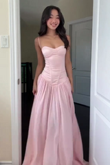 Elegant Pink A-Line Prom Dress with Spaghetti Straps, Corset Top and Ruffles