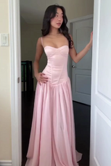 Elegant Pink A-Line Prom Dress with Spaghetti Straps, Corset Top and Ruffles