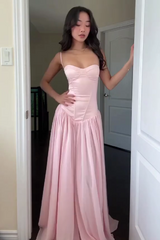 Elegant Pink A-Line Prom Dress with Spaghetti Straps, Corset Top and Ruffles