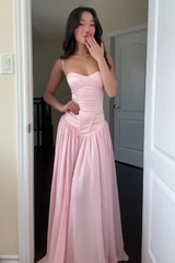 Elegant Pink A-Line Prom Dress with Spaghetti Straps, Corset Top and Ruffles