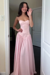 Elegant Pink A-Line Prom Dress with Spaghetti Straps, Corset Top and Ruffles