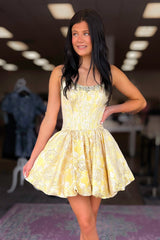Chic Yellow A Line Mini Homecoming Dress with Strapless Corset and Sparkly Beading