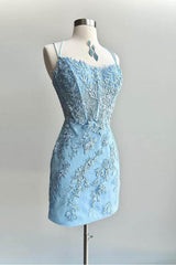 Chic Blue Mini Homecoming Dress with Spaghetti Straps and Delicate Appliques