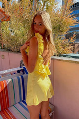 Cute Yellow Sheath Mini Dress with V-Neck and Ruffle Design
