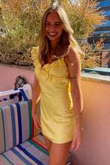 Cute Yellow Sheath Mini Dress with V-Neck and Ruffle Design
