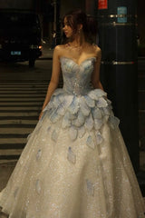Light Blue A-Line Sweetheart Long Prom Dress with Beaded Bodice