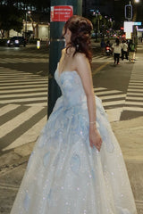 Light Blue A-Line Sweetheart Long Prom Dress with Beaded Bodice