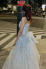 Light Blue A-Line Sweetheart Long Prom Dress with Beaded Bodice