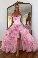 Princess Pink Corset Prom Dress with Sweetheart Neckline, Ruffles and Appliques