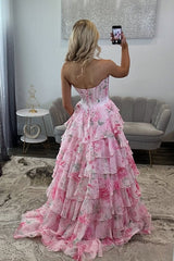 Princess Pink Corset Prom Dress with Sweetheart Neckline, Ruffles and Appliques