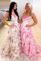 Princess Pink Corset Prom Dress with Sweetheart Neckline, Ruffles and Appliques