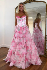 Princess Pink Corset Prom Dress with Sweetheart Neckline, Ruffles and Appliques