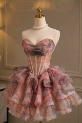 Chic Pink Floral Mini Homecoming Dress with Ruched Corset Bodice and A Line Silhouette