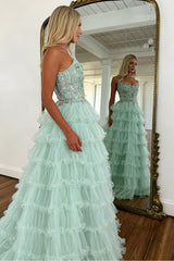 Elegant Mint Green Tiered Tulle Prom Dress with Floral Corset Detail