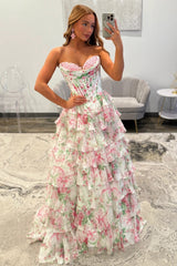 Princess Pink Corset Prom Dress with Sweetheart Neckline, Ruffles and Appliques