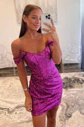 Chic Purple Sequin Off Shoulder Mini Homecoming Dress with Glitter Detail