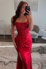 Elegant Red Spaghetti Strap Prom Dress with Lace Bodice and Crisscross Back Detail
