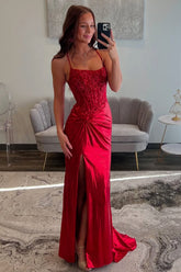 Elegant Red Spaghetti Strap Prom Dress with Lace Bodice and Crisscross Back Detail