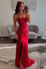 Elegant Red Spaghetti Strap Prom Dress with Lace Bodice and Crisscross Back Detail