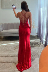 Elegant Red Spaghetti Strap Prom Dress with Lace Bodice and Crisscross Back Detail
