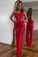 Elegant Red Metallic Prom Jumpsuit with Sweetheart Neckline and Corset Bodice