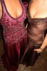 Burgundy A-Line Halter Neck Prom Dress with Applique & Beaded Design