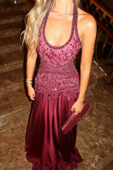 Burgundy A-Line Halter Neck Prom Dress with Applique & Beaded Design