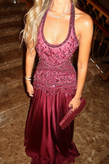 Burgundy A-Line Halter Neck Prom Dress with Applique & Beaded Design