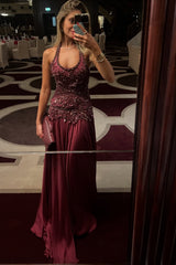 Burgundy A-Line Halter Neck Prom Dress with Applique & Beaded Design