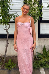 Chic Blush Pink Lace Prom Dress with Spaghetti Straps and Ruched Detail