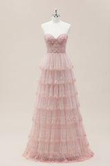 Romantic Blush Pink Sweetheart Corset Prom Dress with Sparkly Tiered Skirt