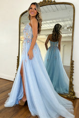 Light Blue Strapless Tulle Prom Dress with Floral Appliqué and Flowing Train