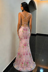 Pink Mermaid Prom Dress with Lace-Up Back and Floral Embroidered Detail