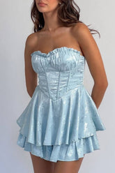 Blue Jacquard Strapless Homecoming Dress with Ruffled Bust and Tiered Skirt