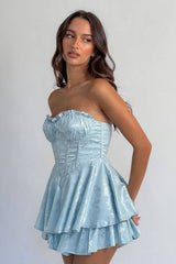 Blue Jacquard Strapless Homecoming Dress with Ruffled Bust and Tiered Skirt