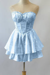 Blue Jacquard Strapless Homecoming Dress with Ruffled Bust and Tiered Skirt