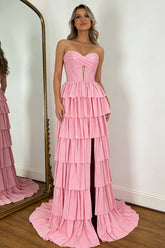 Pink Sweetheart Glitter Corset Prom Dress with High Slit and Ruffles