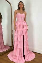 Pink Sweetheart Glitter Corset Prom Dress with High Slit and Ruffles