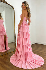 Pink Sweetheart Glitter Corset Prom Dress with High Slit and Ruffles