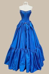 Royal Blue A-Line Strapless Corset Ball Gown Prom Dress with Bow Detail