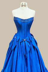 Royal Blue A-Line Strapless Corset Ball Gown Prom Dress with Bow Detail