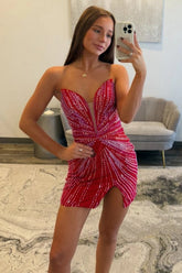 Chic Sparkly Bodycon Homecoming Dress with Strapless Neckline and High Slit
