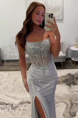 Silver Sequin Prom Dress with Crisscross Back Detail and Slit Skirt