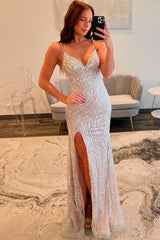 Silver Sequin Spaghetti Strap Mermaid Prom Dress with Slit and Crisscross Lace-Up Back