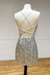 Chic Silver Mini Homecoming Dress with Glitter Sequins and Playful Fringe Trim