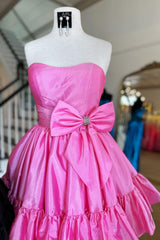 Sweet Pink Strapless Homecoming Dress with Satin Fabric and Elegant Bow Accent