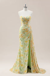 Glitter Soft Floral Print Mermaid Sweetheart Ruched Evening Gown with High-Slit