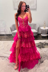 Fuchsia Spaghetti Strap Prom Dress with Beaded Lace Bodice and Tiered Tulle Ruffles